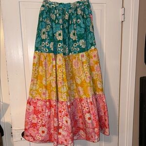 Women’s Floral Tiered Maxi Skirt Multicolored Small Patchwork Prairie Boho Fairy